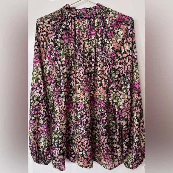 H&M| Black Pink Green Floral Long Sleeve Feminine Lightweight Blouse Sz L - Picture 4 of 7